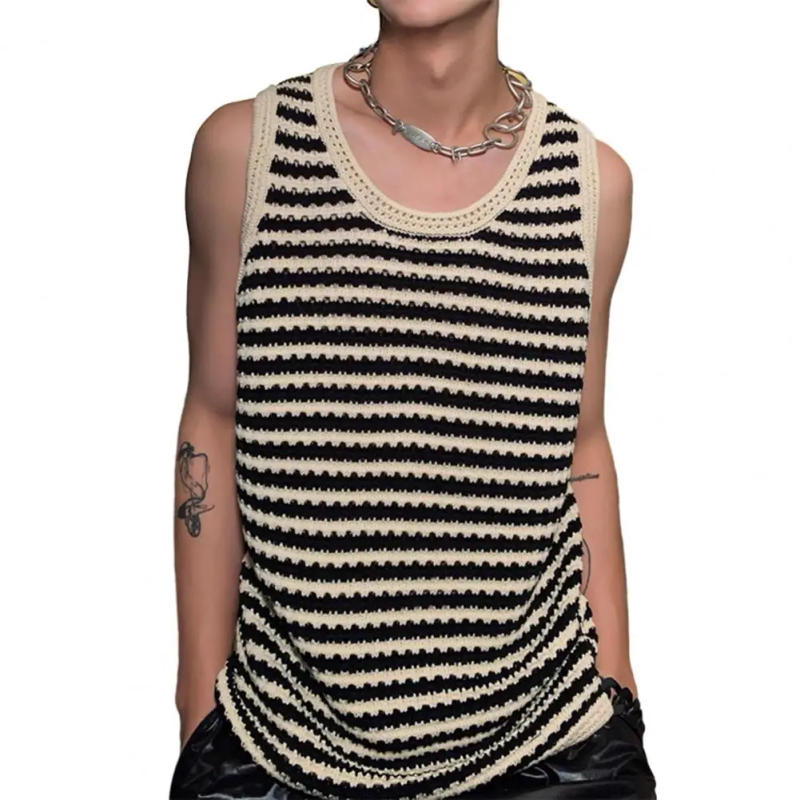 Description Picture 4 of itemSleeveless Vest Men's Striped Print Knitted Summer Vest Casual Sleeveless Pullover for Sports Streetwear Breathable Round Neck