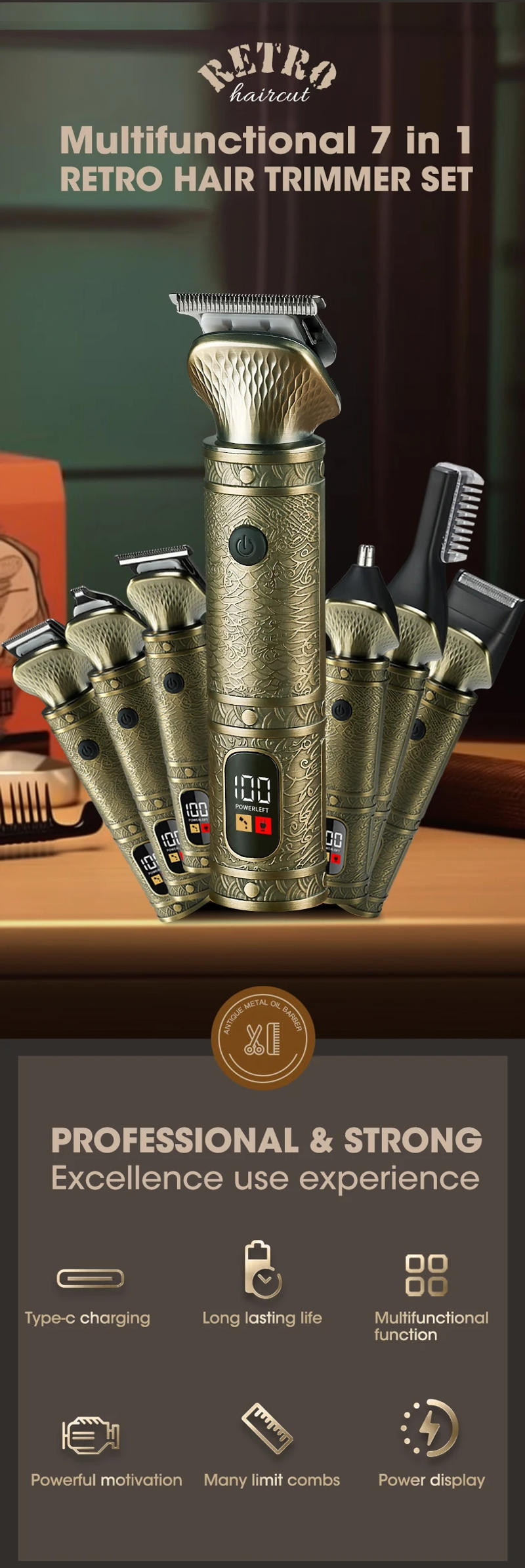 Description Picture 3 of itemProfessional Rechargeable Hair Clipper Barber Cordless Haircut Sculpting Clipper All Metal Electric Shaver Nose Hair Trimmer Set