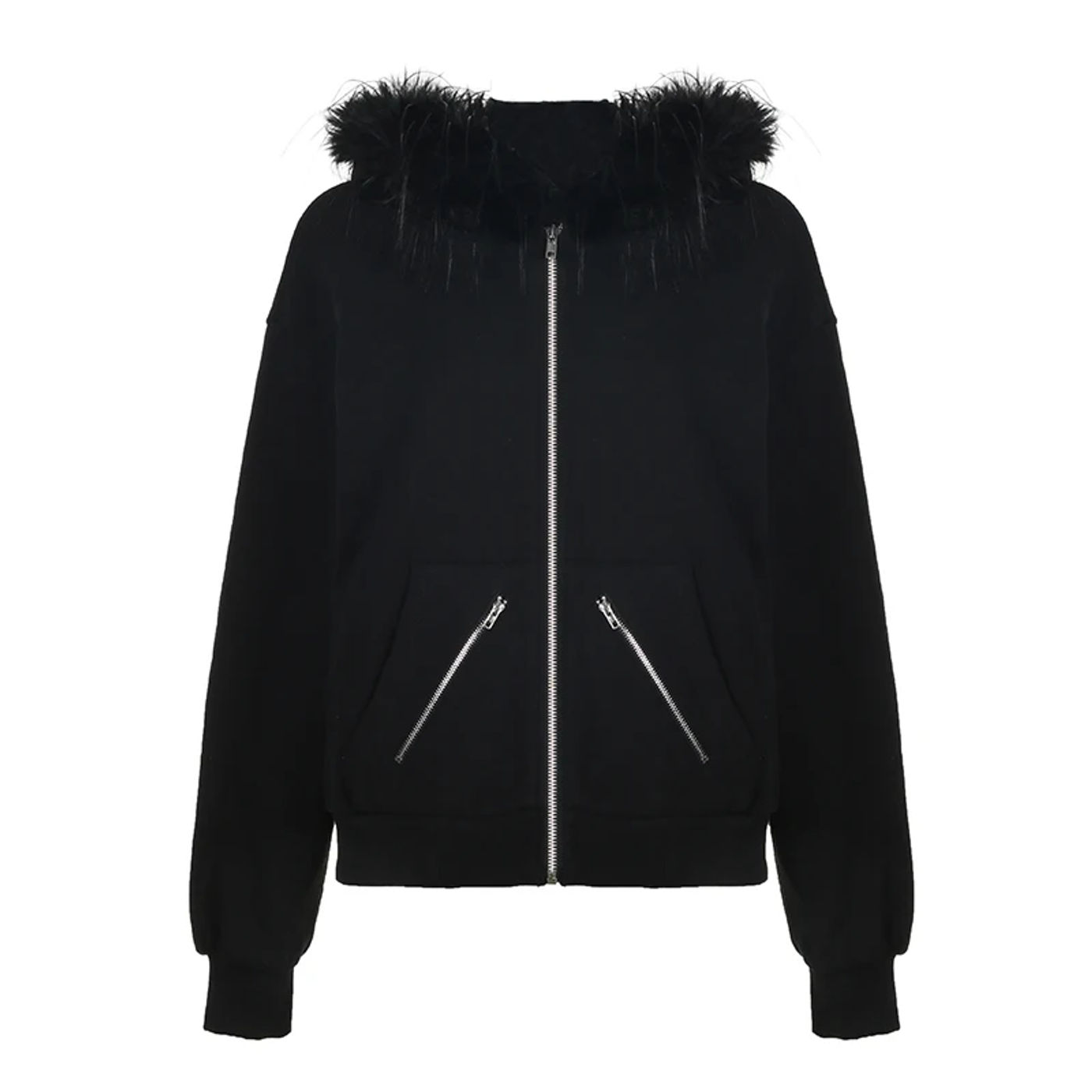 Description Picture 5 of itemCIBBAR Autumn Winter Furry Collar Hoodies Full Zip-up Loose Long Sleeve Black Hooded Sweatshirt y2k Streetwear Women Outwear 90s