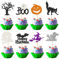 16/48Pcs Halloween Cupcake Topper Glitter Witch Pumpkin Bat Cupcake Picks Kids Halloween Birthday Party Cake Decoration Supplies