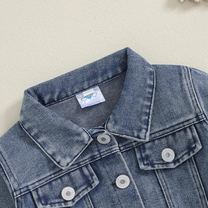 Description Picture 5 of itemDenim Jacket for Kids Back Letter Embroidery Long Sleeve Lapel Button Coat for Boys Girls