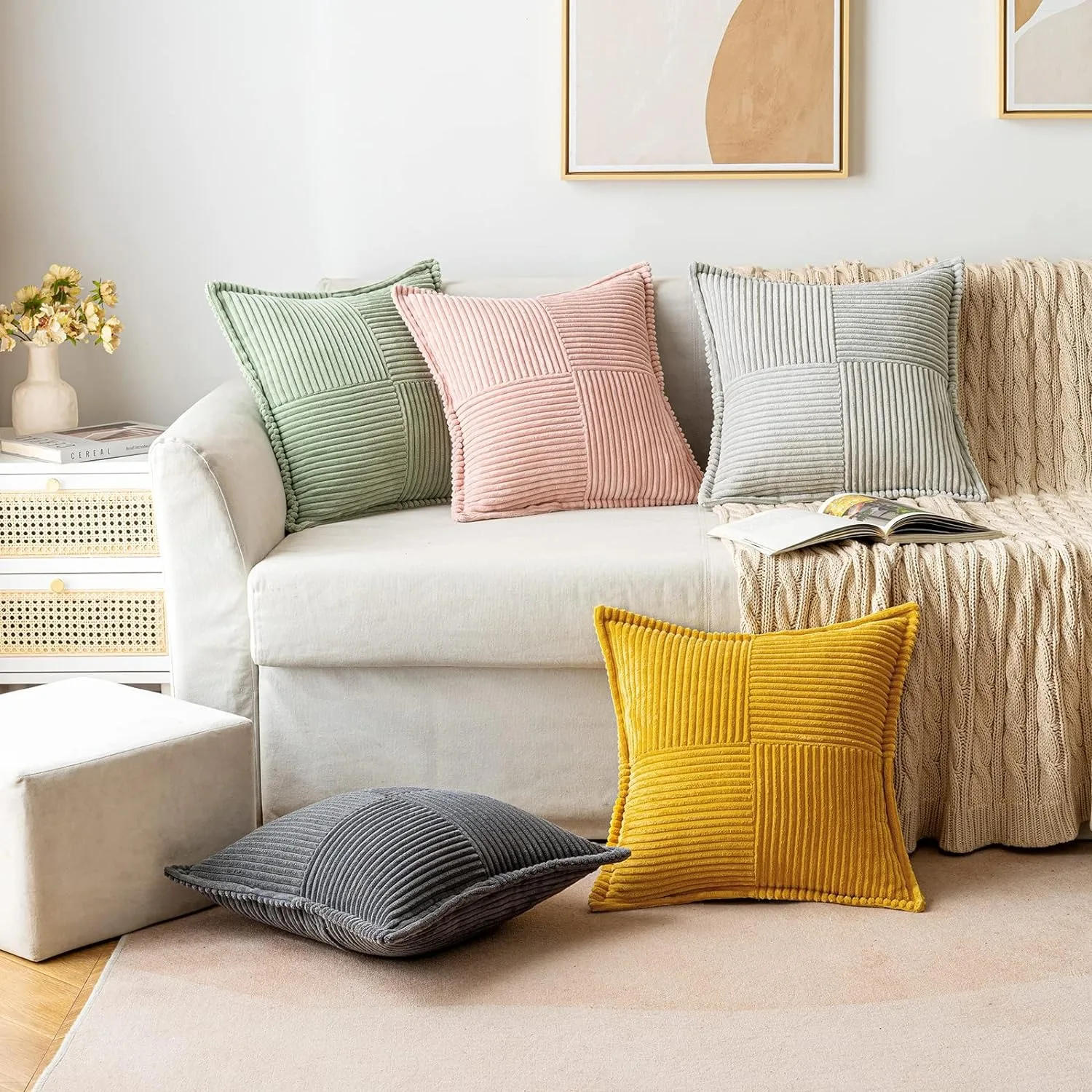Description Picture 2 of itemBeige Corduroy Decorative Throw Pillow Covers with Splicing 18x18 Inch Luxurious Textured Boho Striped Broadside Cushion Cover