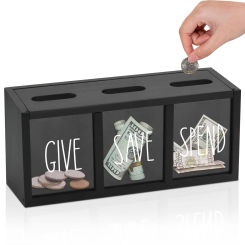 Wooden Give Save Spend Money Saving Box for Kids, Countertop Kid Piggy Bank for Daily Cash, Wall-Mount Kids Bank