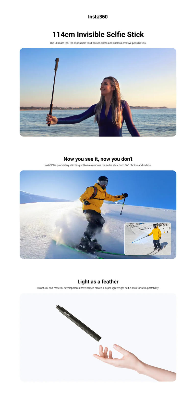 Description Picture 2 of itemOfficial & Original Insta360 114cm Invisible Selfie Stick, High strength materials enable stable use with Insta360 cameras.