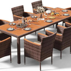 Patio Conversation Set with Acacia Wood Top, Rattan Outdoor Dining Table and Chairs for Backyard, Garden, Deck