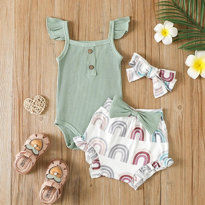 Description Picture 3 of itemKids Girls Pants Suit Casual Party Fly Sleeve Romper Tops Rainbow Short Trousers Headband