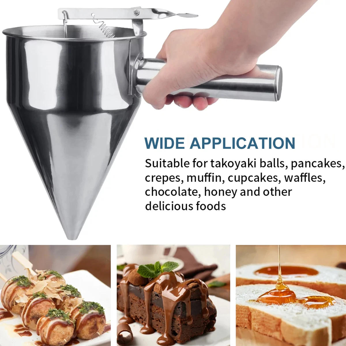 Description Picture 5 of itemPancake Batter Dispenser Multi-Caliber Stainless Steel Funnel Dispenser with Stand Cupcakes Baking Maker Tools Kitchen Gadgets