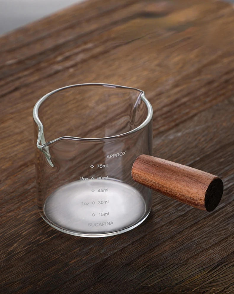 Description Picture 5 of item50/75/100ML Wooden Handle Glass Espresso Measuring Cup Double/Single Mouth Milk Latte Jug Coffee Supplies Kitchen Mug Drinkware