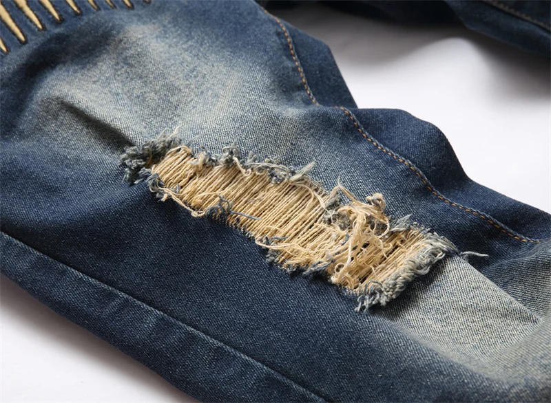 Description Picture 5 of itemNostalgic Ripped Jeans Men's Unique Embroidery Design Fashion Street Fashion Elastic Slim Fit Skinny Motorcycle Retro Trousers