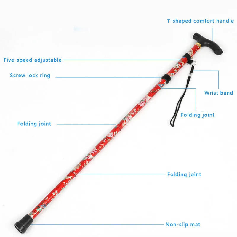 Description Picture 6 of itemWalking Sticks For Elderly Women Men Lightweight Foldable Telescopic 93cm Adjustable Folding Floral Metal Cane Climbing Hiking