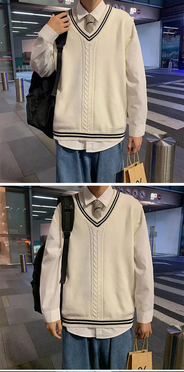 Description Picture 5 of itemMen 2022 Spring Autumn New Solid Color Sweater Vest Men's V-neck Knitted Sleeveless Tops Male Loose Pullover Waistcoat A461