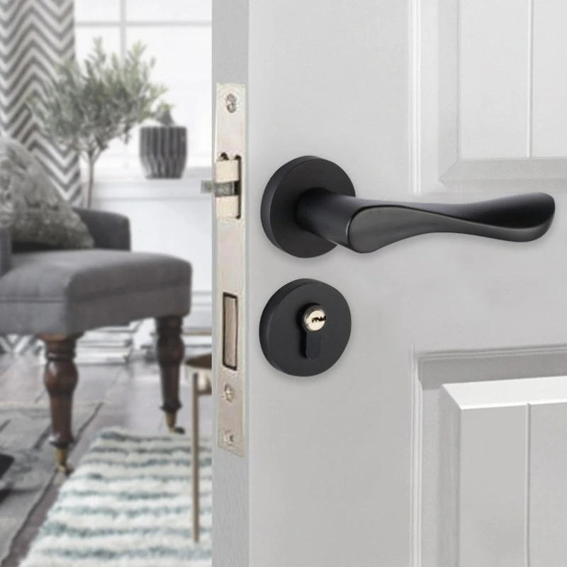 Description Picture 2 of item1 set of aluminum alloy black split type indoor door locks bedroom and study door handles split type locks with keys included