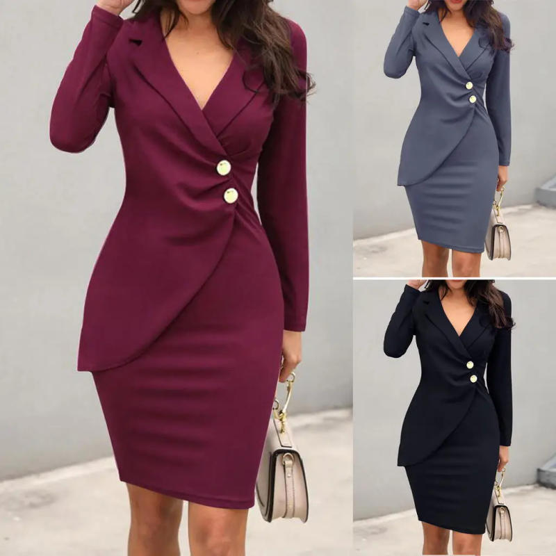 Description Picture 3 of itemSexy Lapel Long Sleeve Dress For Women Autumn Fashion Solid Color Button Slim Irregular Office Lady Package Hip Dresses Female