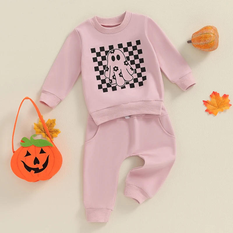 Description Picture 4 of itemLittle Girls Halloween Pants Sets Long Sleeve Ghost Checkerboard Print Tops Solid Color Pants Sets