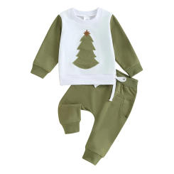 Toddler Boys 2PCS Pants Sets Long Sleeve Christmas Tree Print Tops and Drawstring Pants Sets