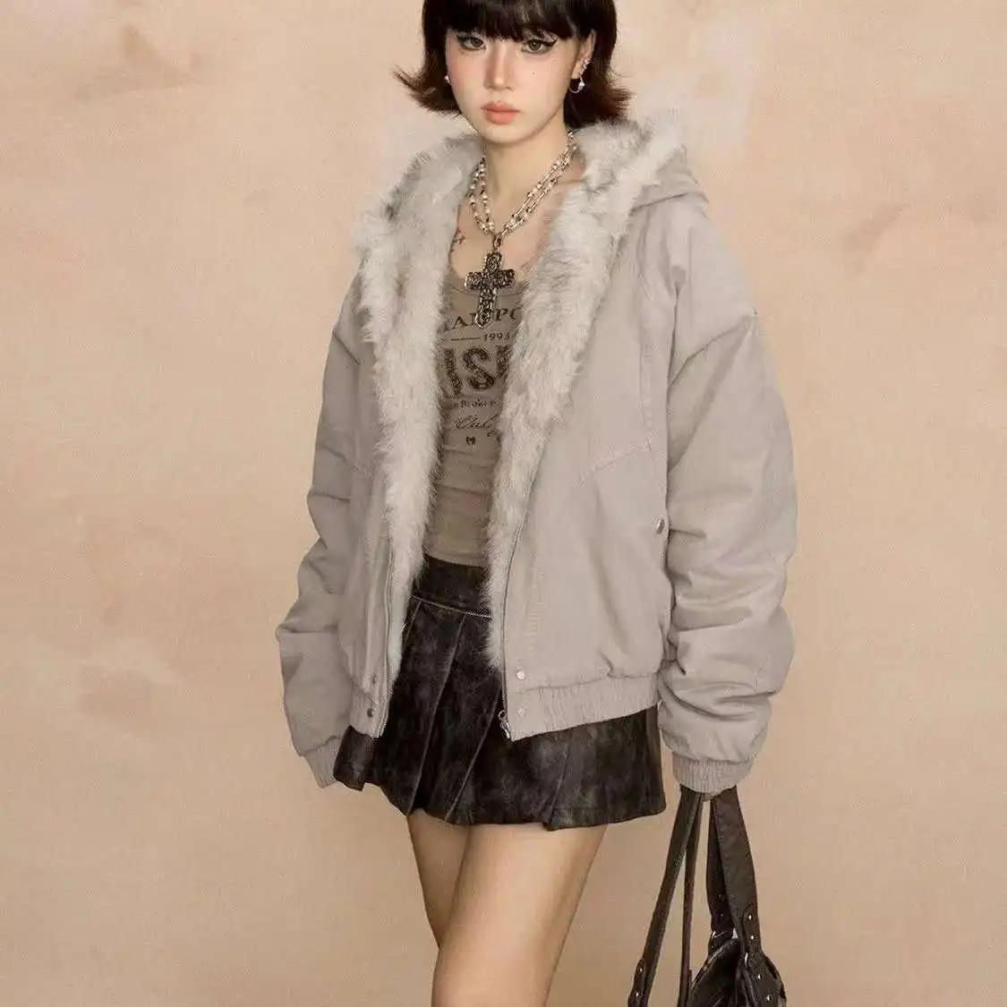 Description Picture 6 of item2025 Y2k American new Jacket  Retro Woolen Collar Hoodeds Cotton Plush Men Street Hip Hop Gothic Harajuku Oversize Jacket Coat