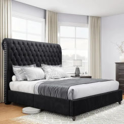 Bed Frame King Size Velvet Tall Headboard King Bed Frame with Button Tufted 52.8" Tall Sleigh Headboard Easy Assembly Black