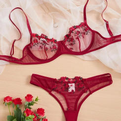 Red Lace Sexy Lingerie Fancy Embroidery Erotic Set Transparent Women's Underwear Kit Beautiful Flower Mesh Bra And Panty Sets