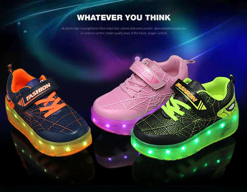 Description Picture 3 of itemKid Sneakers Spider Cartoon Mesh Usb Charge Luminous Shoes Outdoor Sport Roller Skates Child Skate Shoes Boys Girls Casual Shoes