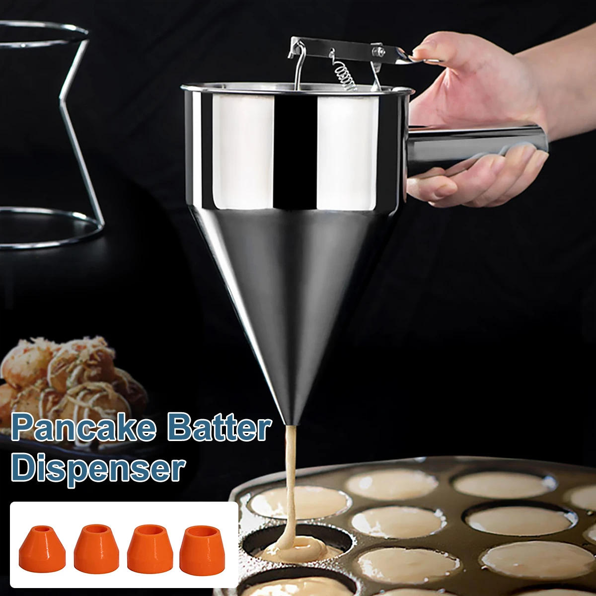 Description Picture 3 of itemPancake Batter Dispenser Multi-Caliber Stainless Steel Funnel Dispenser with Stand Cupcakes Baking Maker Tools Kitchen Gadgets