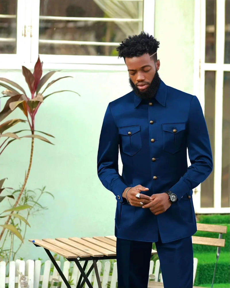 Description Picture 4 of item2 Pieces High Collar Men Suits Tailor-Made Royal Navy Blue Fashion Wedding Business Ceremony Formal Causal Prom Daily Tailored