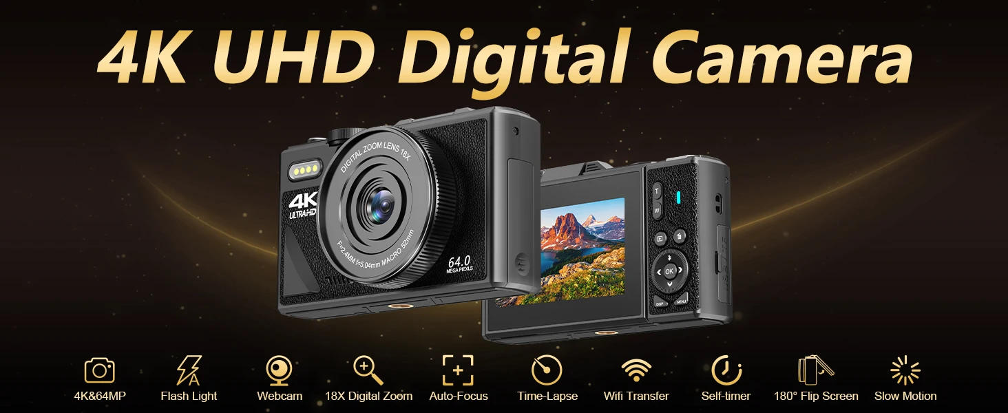 Description Picture 2 of item4K Camera for Photography 18X Digital Zoom Video Vlogging Camcorder for YouTube 3'' Flip Screen 64MP WIFI Selfie Webcam Cameras