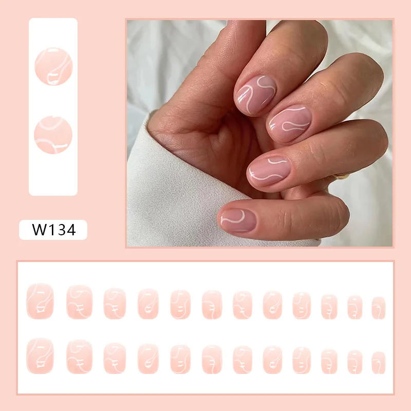 Description Picture 3 of item24pcs Short Square Round False Nails White Line Design French Fake Nails Full Cover Detachable Nail Tips Press on Nails