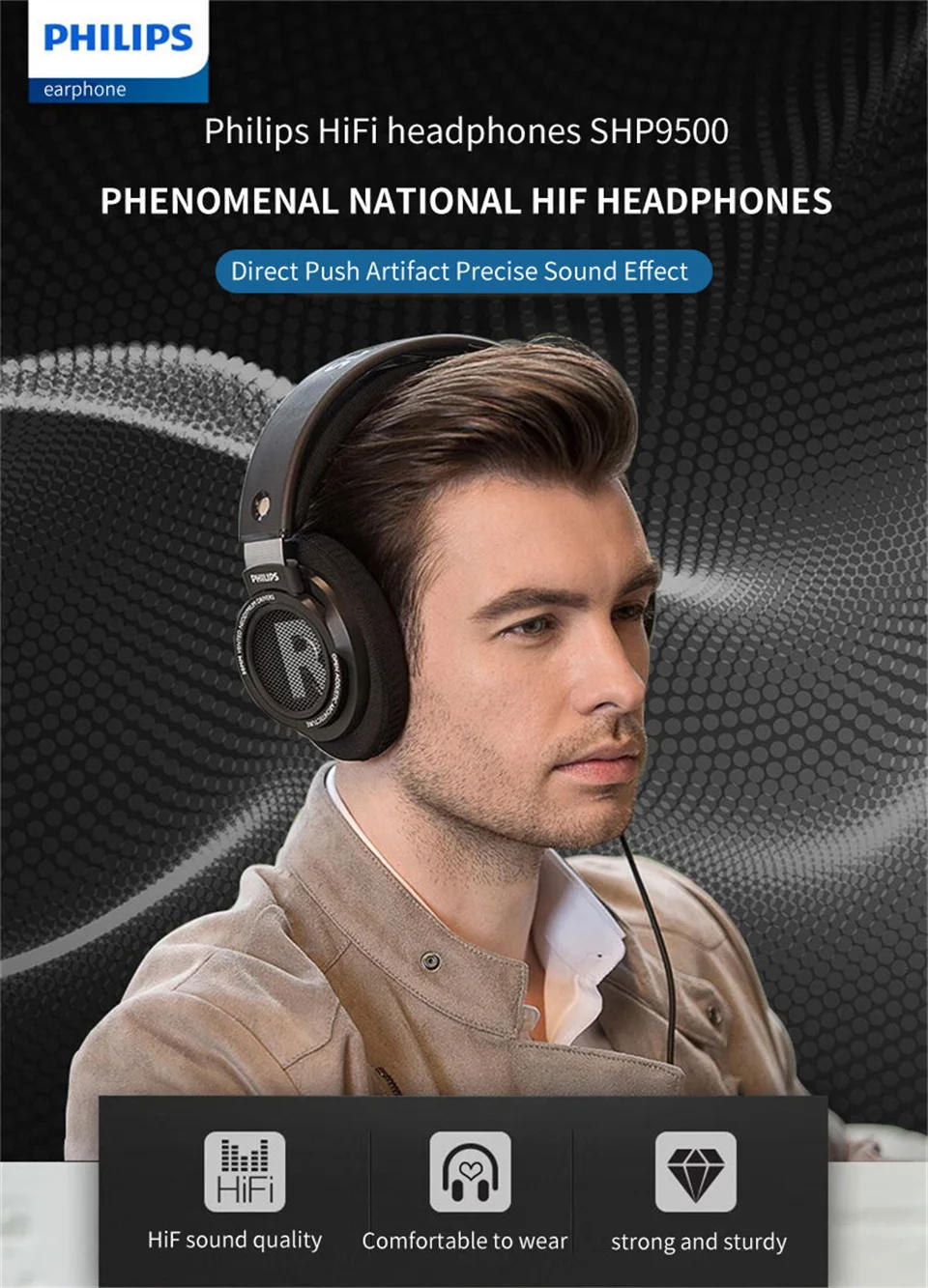 Description Picture 2 of itemPhilips SHP9500 Headphone HiFi Stereo Wired Earphone Computer Online Learning Earbuds Esports Game 3.5mm 6.3mm Universal Headset