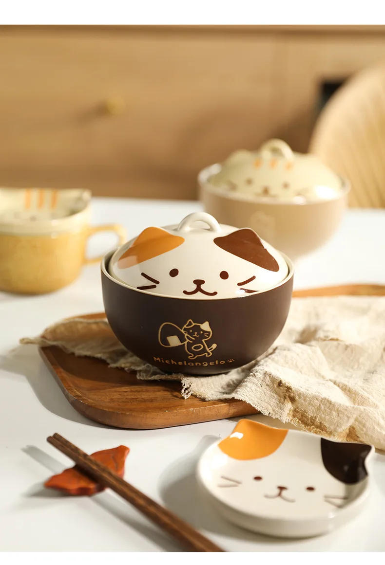 Description Picture 5 of itemCartoon Cat Ceramic Instant Noodle Bowl Japan Cute Cat Ceramic Bowl with Lid Fruit Bowl Cartoon Kitchen Tableware Lunch Box