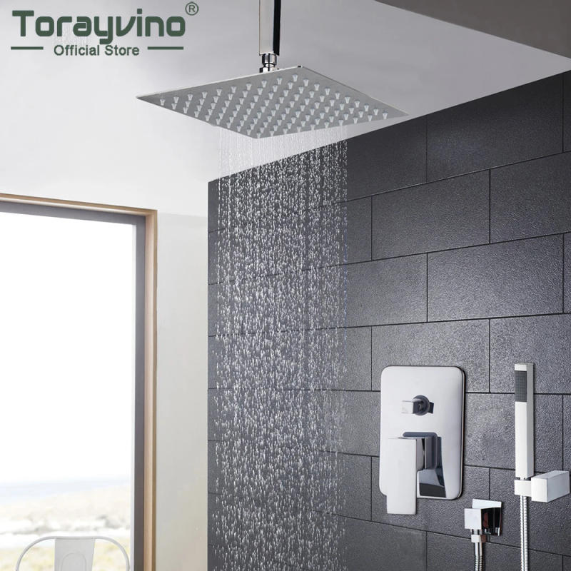 Description Picture 2 of itemTorayvino Chrome Shower Set Ceiling Mounted Showers System Faucet Set Mixer 6/8/10/12/16 Inch Rainfall Bathroom Chuveiro Tap