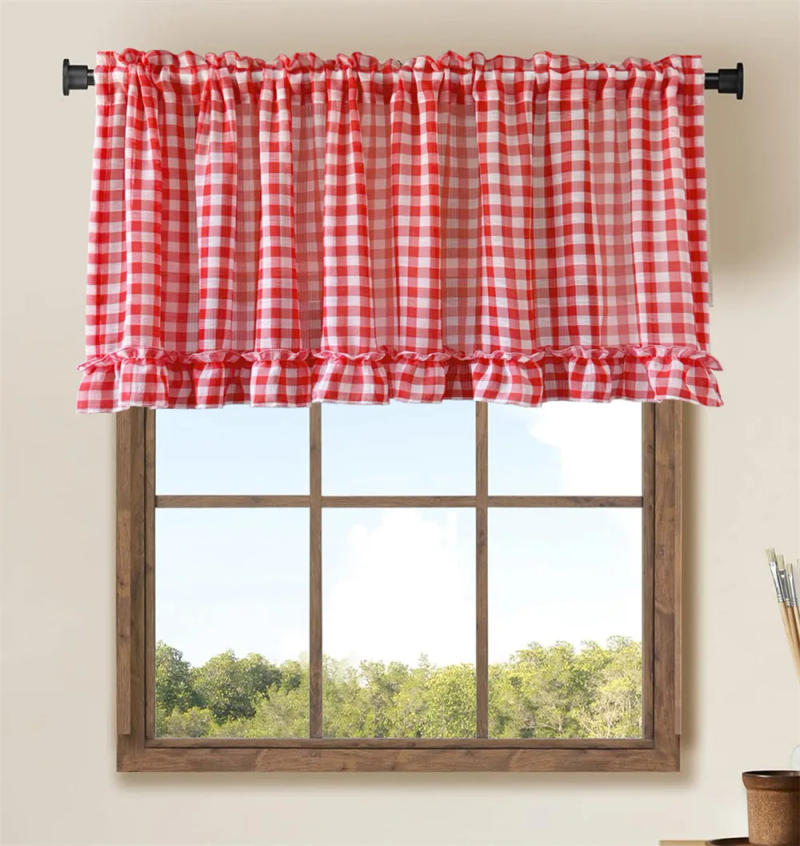 Description Picture 4 of itemClassic Red Plaid Ruffle Short Cafe Curtains for Kitchen Bedroom Sheer Voile Valance Small Window Drapes Rod Pocket