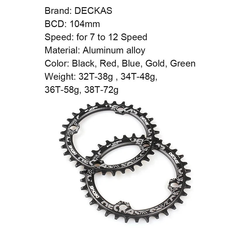 Description Picture 6 of itemDECKAS 104 BCD Chainring 32T 34T 36T 38T Round Narrow Wide 104BCD Chain ring 34 32 Teeth Mtb Bike Coroa Single Speed 12V 11V