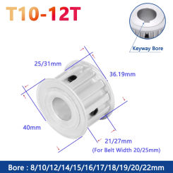 1pc 12 Teeth T10 Aluminium Timing Pulley 12T Synchronous Wheel for Belt Width 20mm 25mm Bore 8-22mm Pitch 10mm