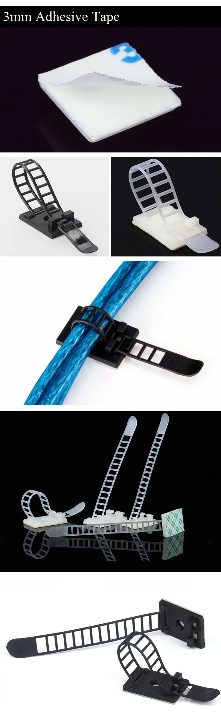 Description Picture 3 of item10pcs CL-1 CL-2 CL-3 Cable Clips Self Adhesive Mount Wire Clamp Line Tie Fixed Adjustable Fasten Organizer Holder White Black