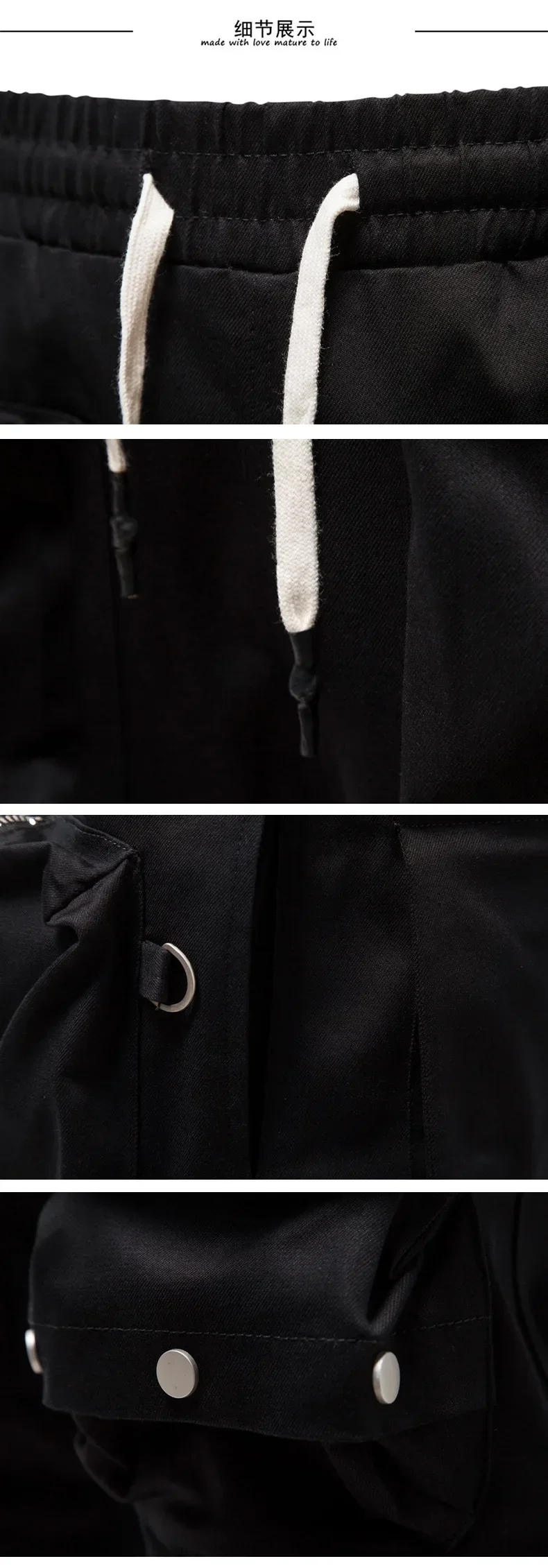 Description Picture 5 of itemNew Four Seasons Wearable Pure Cotton Casual Pants for Men's Zipper Decorative Large Pocket Elastic Waist Tie Leggings