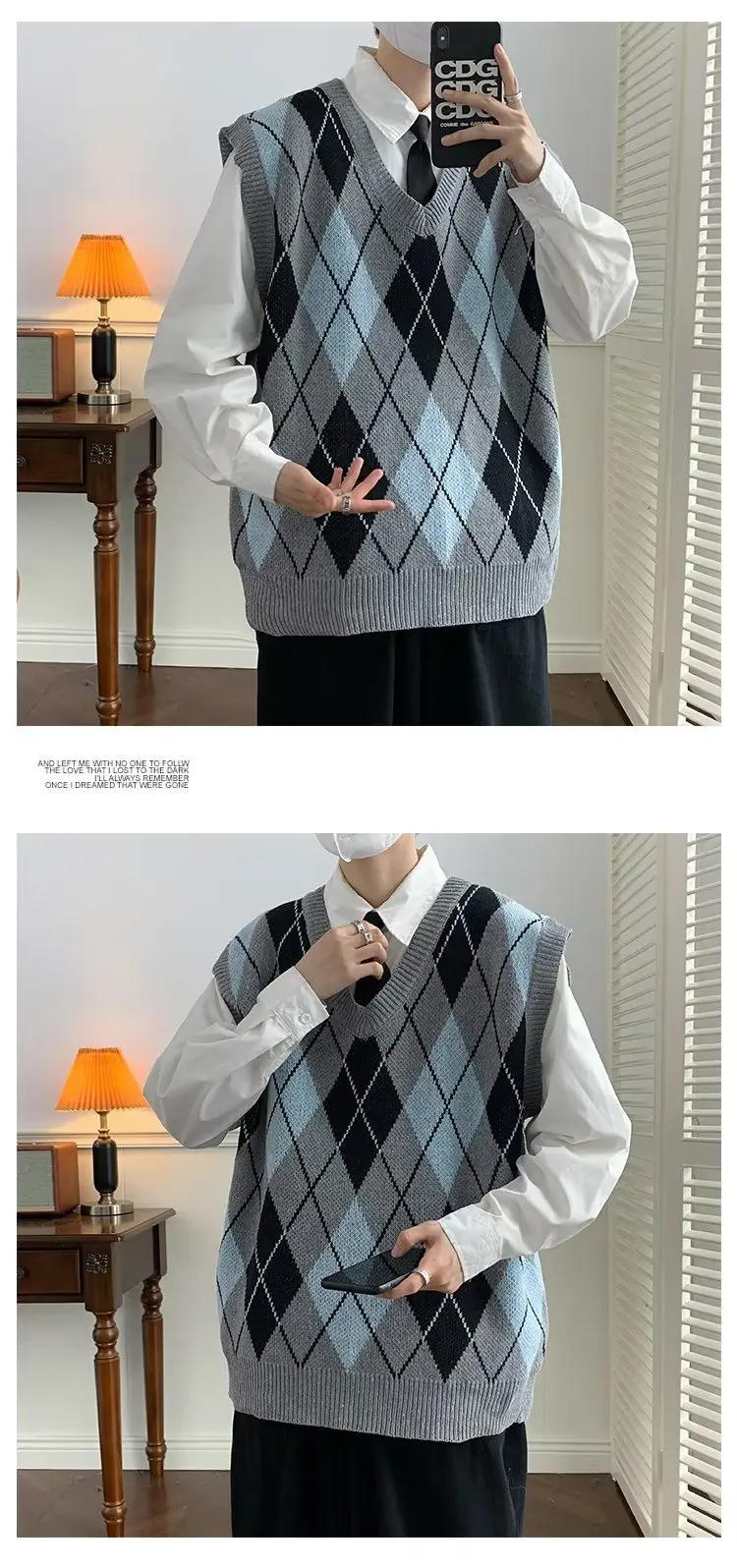 Description Picture 6 of itemSweater Vest Men Argyle Spring New Arrival Korean Style Trendy College V-neck Loose Knitting Handsome Harajuku Ropa Para Hombre