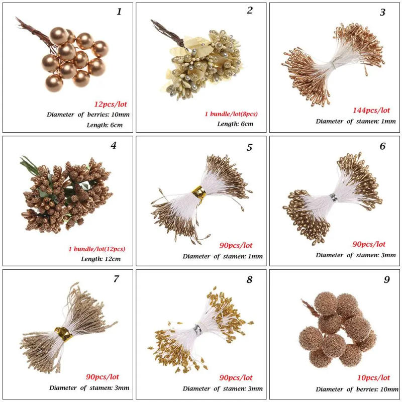 Description Picture 3 of item12/90pcs Gold Hybrid Emulation Flower Wedding Artificial Plants Cherry Berries Bundle Stamen Wreaths Decoration