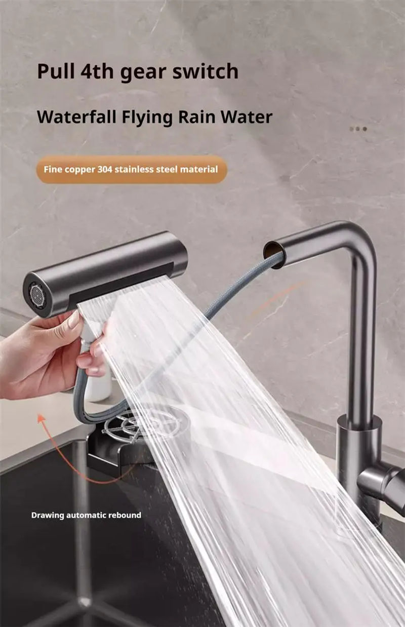 Description Picture 2 of item4 in 1 304 Stainless Steel Pull-out Kitchen Faucet Waterfall Hot And Cold Mixed Water Sink Tap Multi-function Rinse Rotate 360°