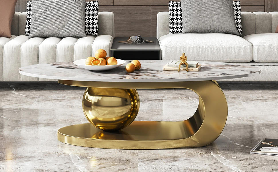 Description Picture 5 of item51" Lx28 Wx16.5 H.Modern Oval Stone Coffee Table with Abstract Gold Metal Base - Perfect Centerpiece for Stylish Living Rooms