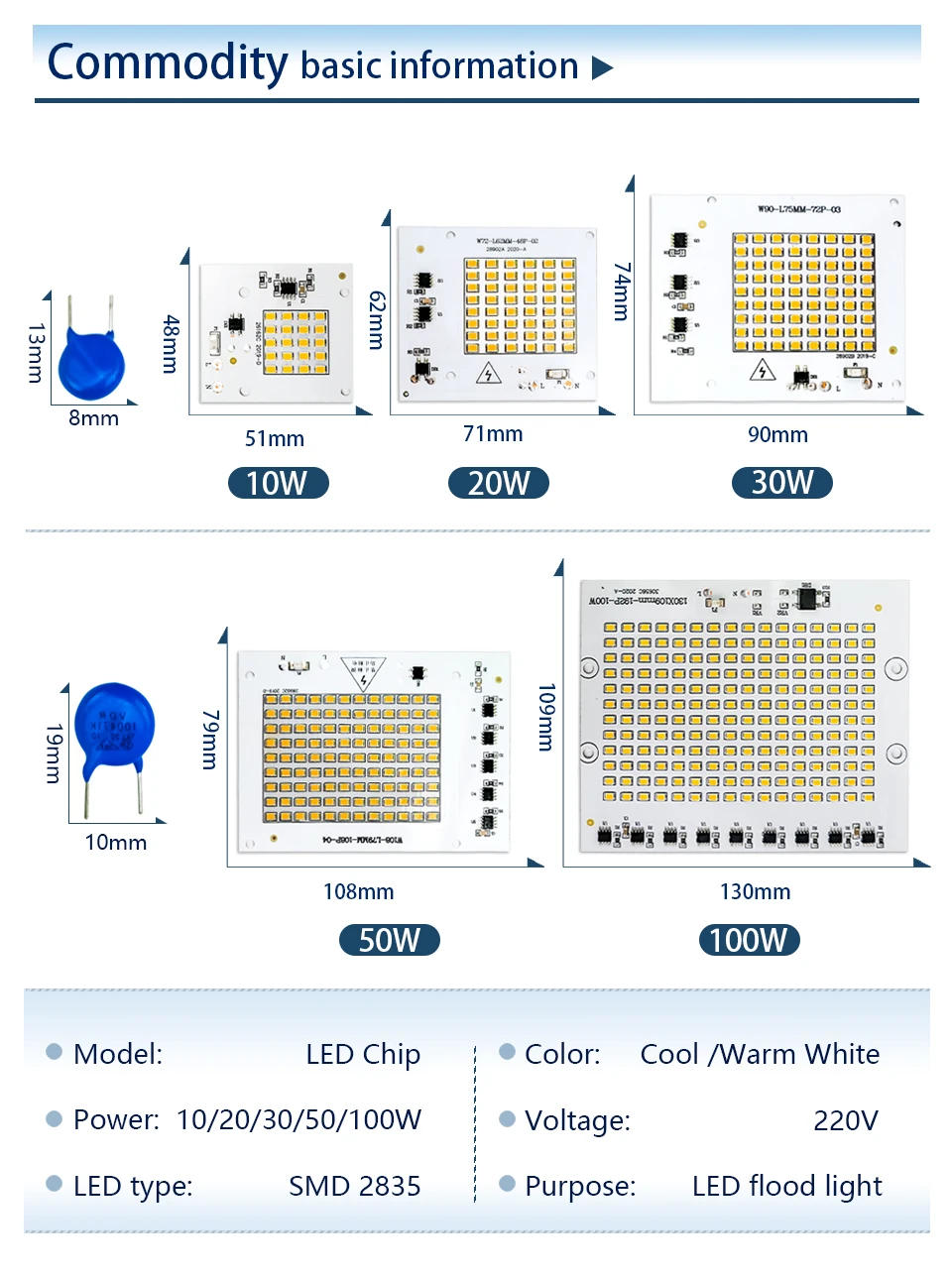Description Picture 3 of itemLED Lamp Chip SMD2835 Light Beads AC 220V 230V 240V 10W 20W 30W 50W 100W DIY For Outdoor Floodlight Cold White Warm White