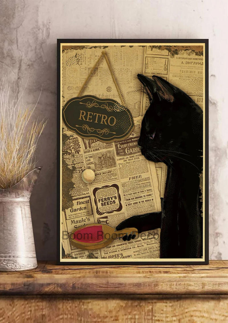 Description Picture 6 of itemBlack Cat Nostalgia Poster Kraft Paper Prints Salon Decor Cartoon Picture 2022 Arrivals Decoration Wall Sticker Bedroom Painting