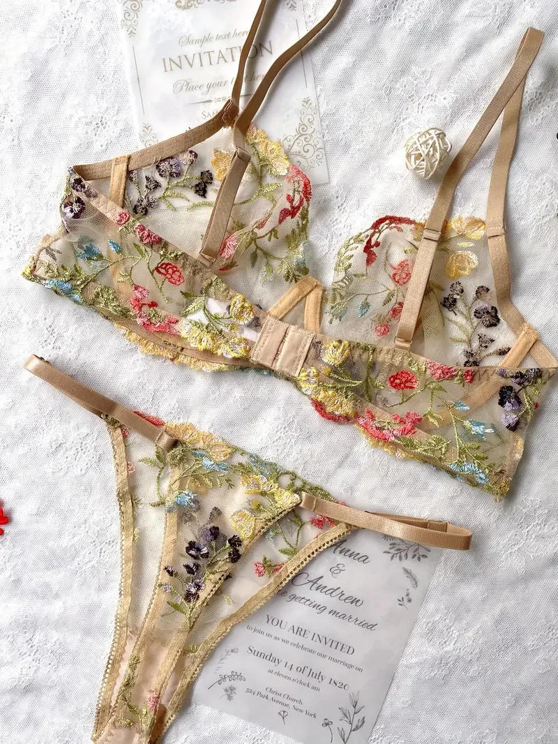 Description Picture 5 of itemYimunancy Floral Embroidery Lingerie Set Women Sheer 2-Piece Boho Bra + Panty Underwear Set Intimates