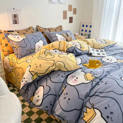 Kawaii Bear Bed Set Floral Duvet Cover Flat Sheet Pillowcase Cute Dog Linen Sheet Quilt Cover Full Queen King Size for Boy Girls