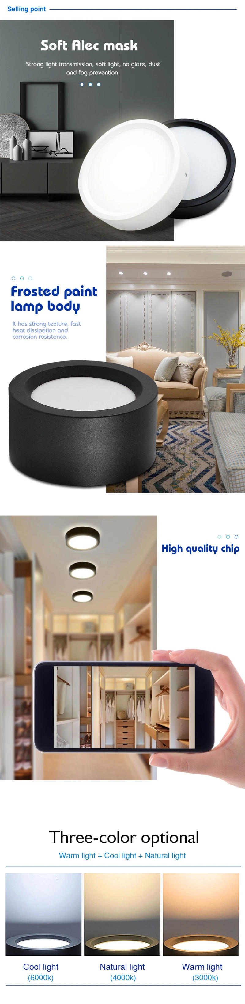 Description Picture 4 of itemLed Downlight 9W 12W 15W 18W AC 220V 230V Ceiling Light Surface Mount Down Light Round Led Panel Light Spotlight Lighting