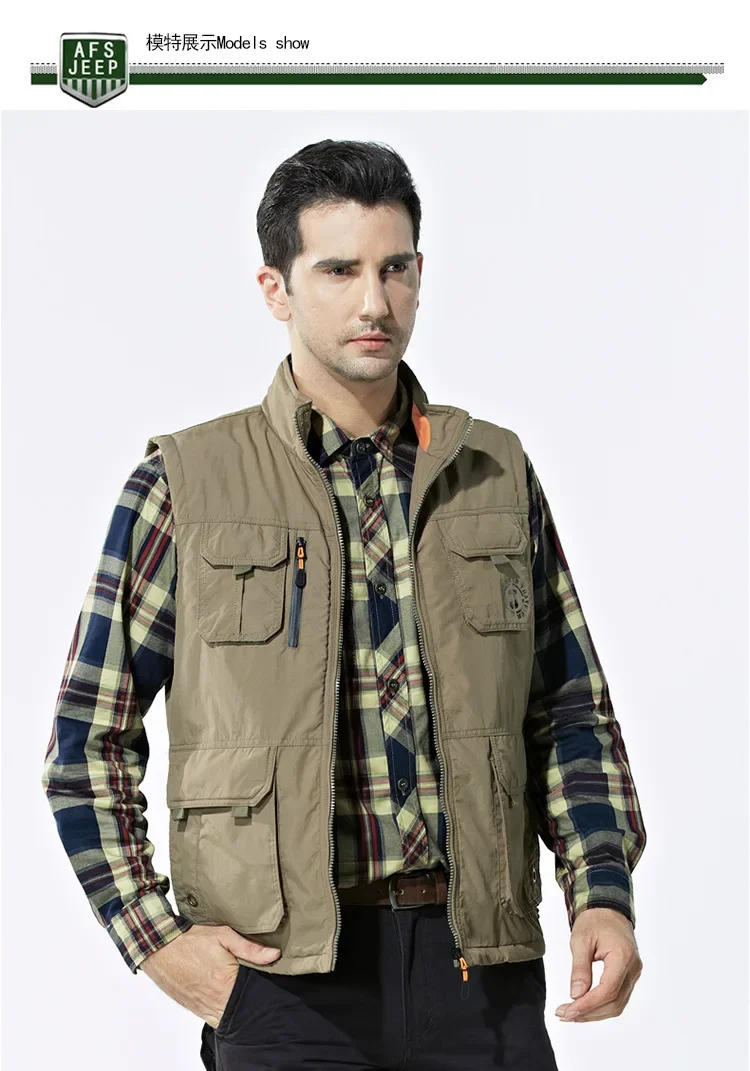 Description Picture 4 of itemMen Autumn Winter Vest Mens Casual Thicken Fleece Warm Waistcoat Outdoor Multi pocket Military Fishing Hiking Sleeveless Jacket