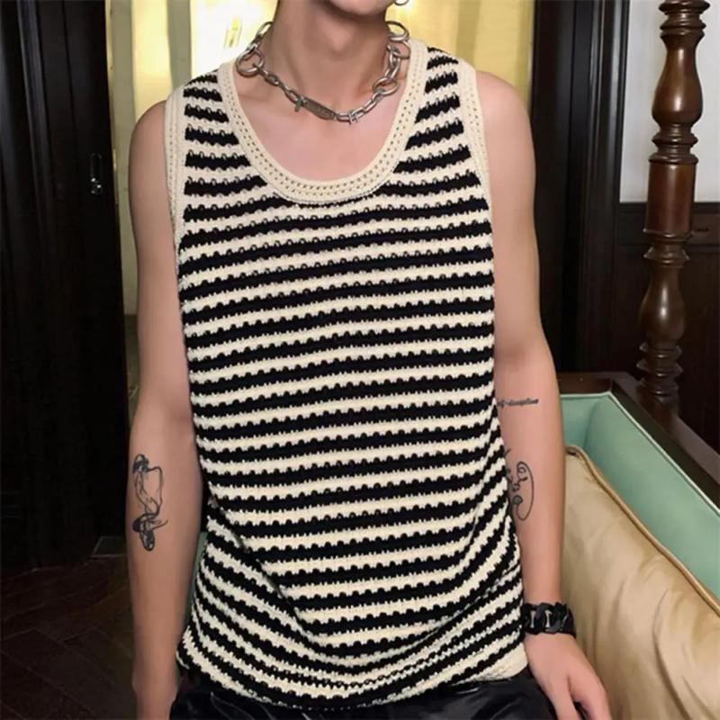 Description Picture 6 of itemSleeveless Vest Men's Striped Print Knitted Summer Vest Casual Sleeveless Pullover for Sports Streetwear Breathable Round Neck
