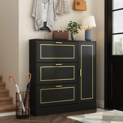 Shoe Storage Cabinet with 3 Flip Drawers & Locker, Wood Shoe Cabinet for Entryway, for Hallway Black and Gold