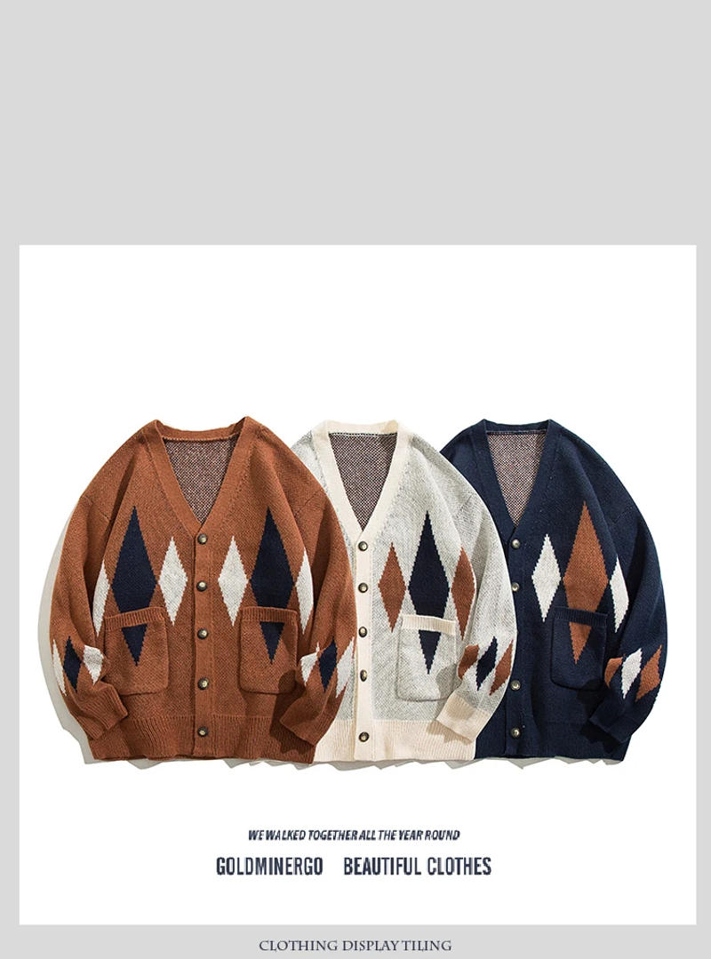 Description Picture 2 of itemMen's Diamond Cardigan Sweater Women V-neck Long Sleeves Autumn Winter Loose Casual Color Contrast Knitted Sweaters Jacket
