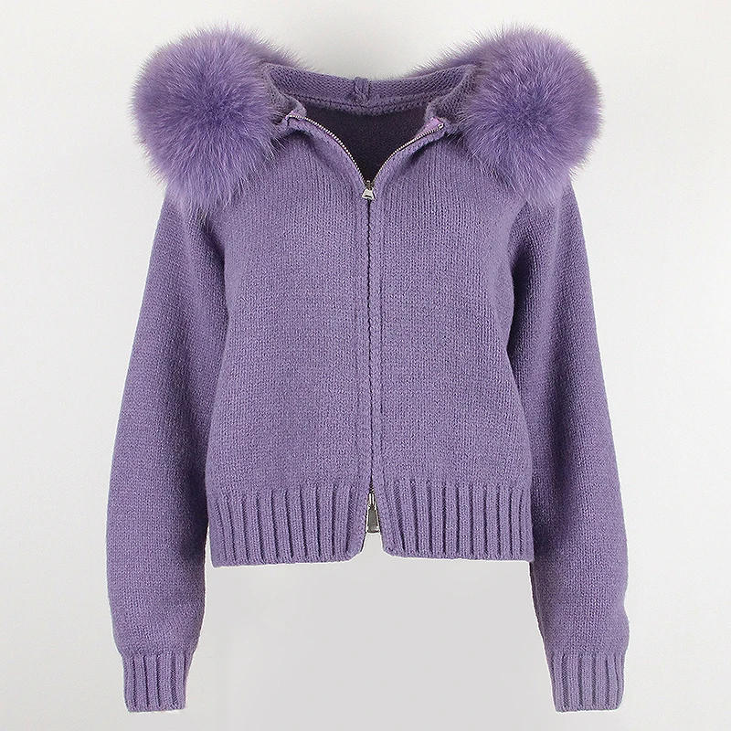 Description Picture 3 of itemOFTBUY 2023 New Fashion Autumn Winter Casual Hooded Real Fox Fur Collar Short Knitted Jacket with Natural Warm Coat for Women