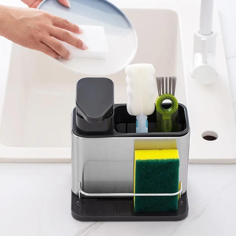 Description Picture 2 of item3-In-1 Kitchen Soap Dispenser Sponge Holder Dish Soap Dispenser Stainless Steel Sink Organizer Tray Rustproof Drainer Rack